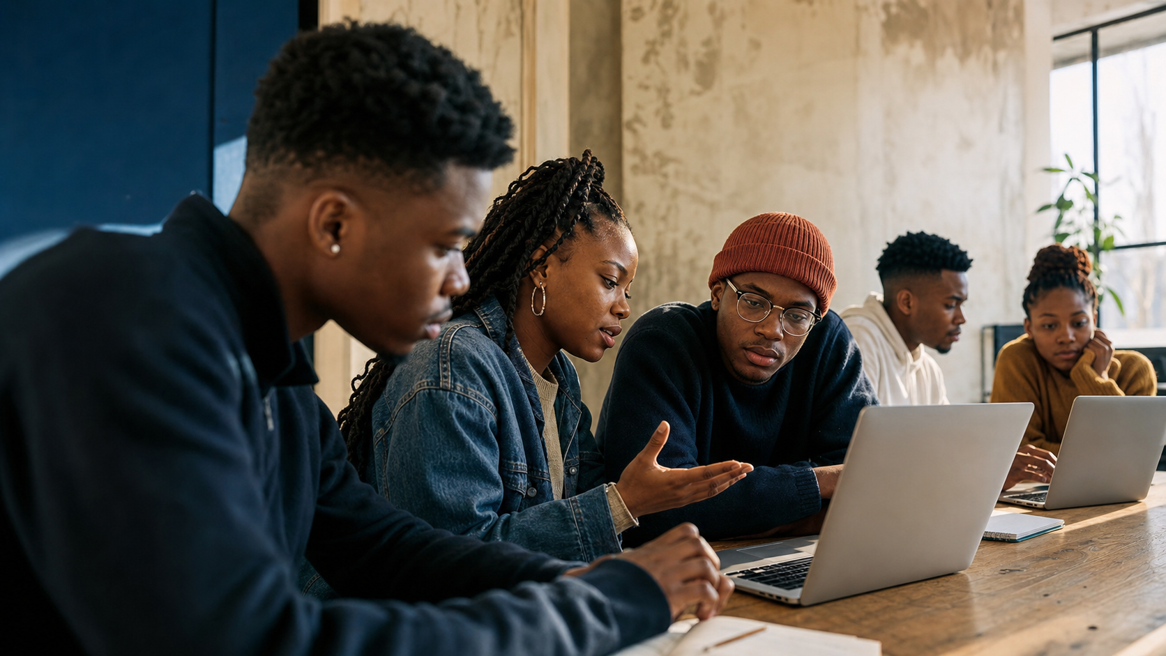 Young people collaborating in a digital skills workshop